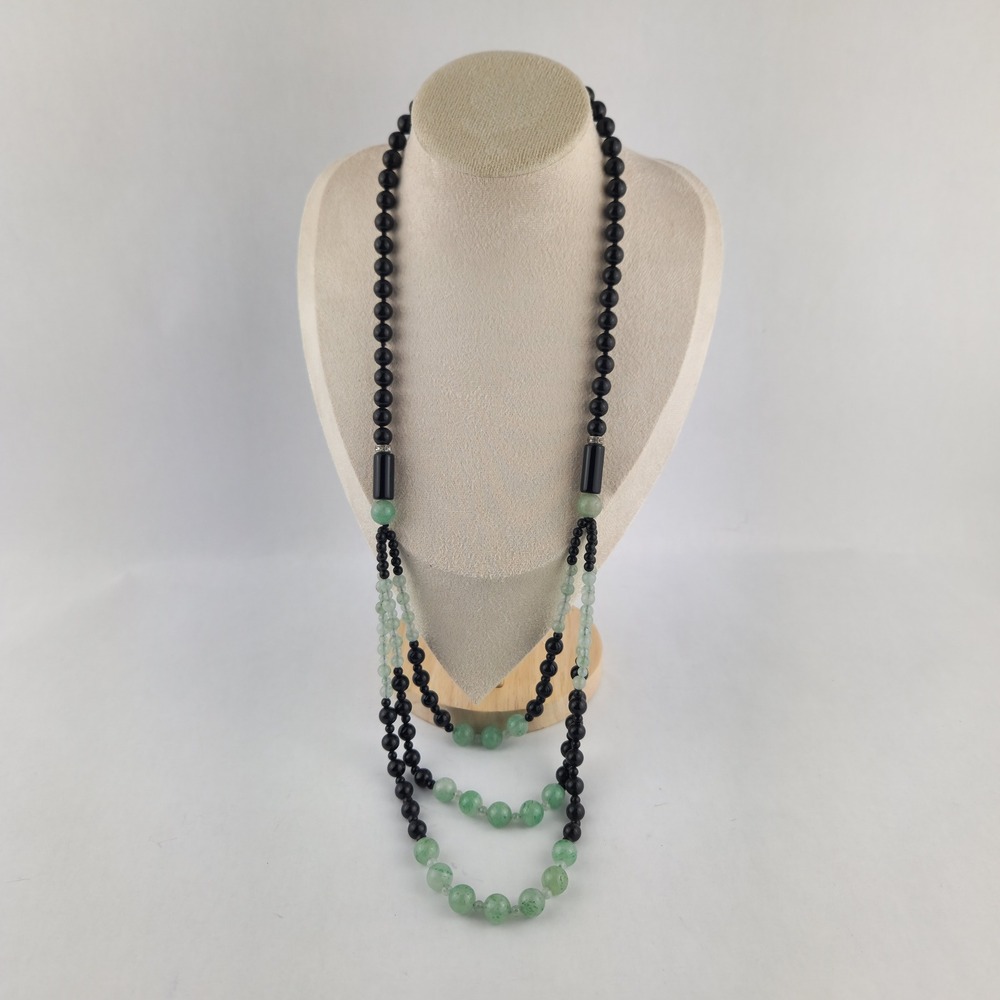Vintage Multi Strand Black Green Bead Necklace Rhinestone Rondelle Spacer - Picture 3 of 11